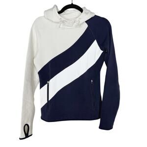 Tory Burch Sport XSmall XS White Navy Blue Reflective Stripe Hoodie Sweatshirt